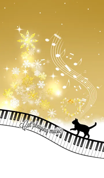 [LINE着せ替え] Cat Playing Music Piano X'mas Gold Ver.の画像1